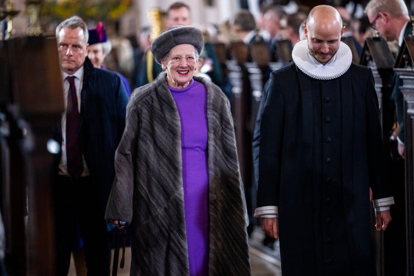 AARHUS, DENMARK - JANUARY 21: Queen Margrethe participate in a celebratory church service at Aarhus Cathedral on January 21, 2024 in Aarhus, Denmark. King Frederik X is succeeding Queen Margrethe II, who has stepped down after reigning for 51 years. (Photo by Martin Sylvest Andersen/Getty Images)