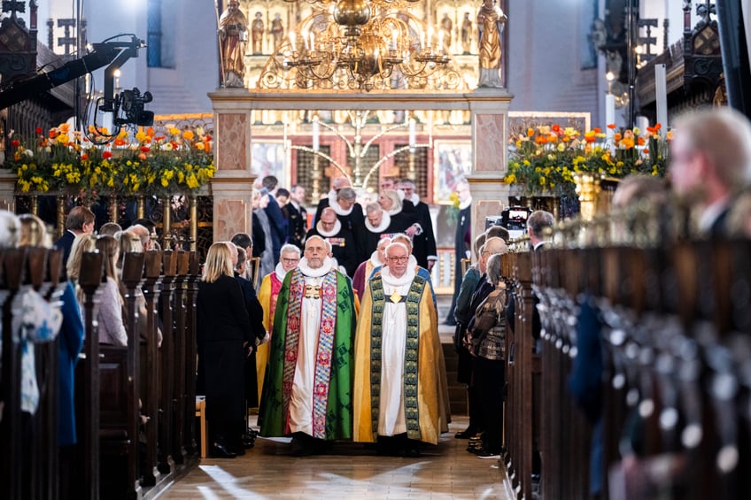 AARHUS, DENMARK - JANUARY 21: Bishop Henrik Wigh-Poulsen (left) and Bishop Peter Henrik Skov-Jakobsen (right) participates in a celebratory church service at Aarhus Cathedral on January 21, 2024 in Aarhus, Denmark. King Frederik X is succeeding Queen Margrethe II, who has stepped down after reigning for 51 years. (Photo by Martin Sylvest Andersen/Getty Images)