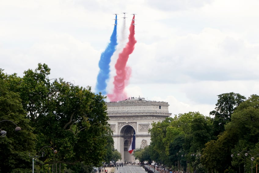 TOPSHOT - French Air Force elite acrobatic flying team "Patrouille de France" (PAF) performs past the Arc de Triomphe during the Bastille Day military parade on the Avenue Foch, in Paris on July 14, 2024. (Photo by Ludovic MARIN / AFP) (Photo by LUDOVIC MARIN/AFP via Getty Images)