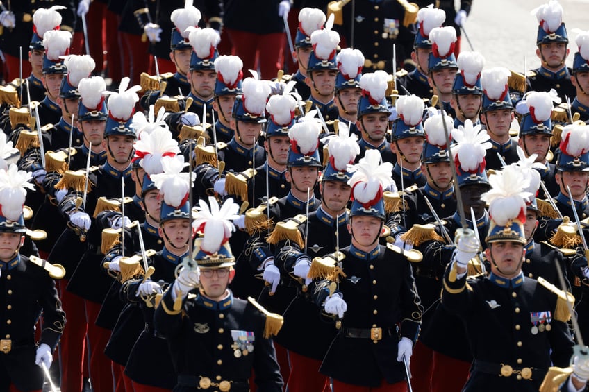 Special French military school of Saint-Cyr march past during the Bastille Day military parade along the Avenue Foch in Paris on July 14, 2024. (Photo by Ludovic MARIN / AFP) (Photo by LUDOVIC MARIN/AFP via Getty Images)