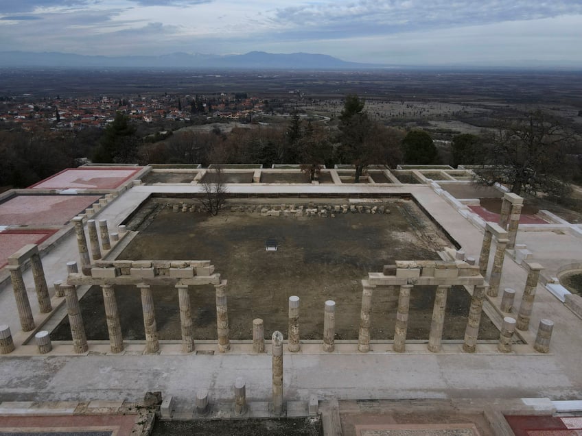 The Palace of Aigai, built more than 2,300 years ago during the reign of Alexander the Great's father, is seen from above after it was fully reopened in ancient Aigai, some 65 kilometers (40 miles) southwest of the port city of Thessaloniki, northern Greece, on Friday, Jan. 5, 2024. It was the largest building of classical Greece: The palace where Alexander the Great was proclaimed king before he launched a conquest that took him as far as modern-day Afghanistan. (AP Photo/Giannis Papanikos)