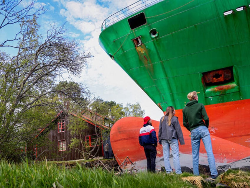 A 135-meter-long container ship is pictured by the shore as bystanders watch after it ran