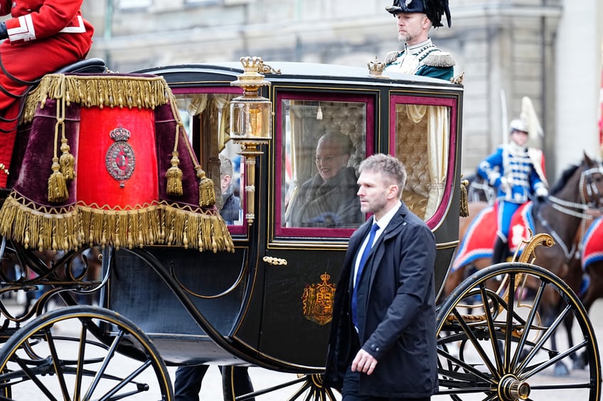 COPENHAGEN, DENMARK - JANUARY 14: Queen Margrethe II of Denmark leaves for the proclamation of HM King Frederik X and HM Queen Mary of Denmark at Amalienborg Palace Square on January 14, 2024 in Copenhagen, Denmark. Her Majesty Queen Margrethe II steps down as Queen of Denmark and and entrusts the Danish throne to His Royal Highness The Crown Prince, who becomes His Majesty King Frederik X and Head of State of Denmark. (Photo by Martin Sylvest Andersen/Getty Images)