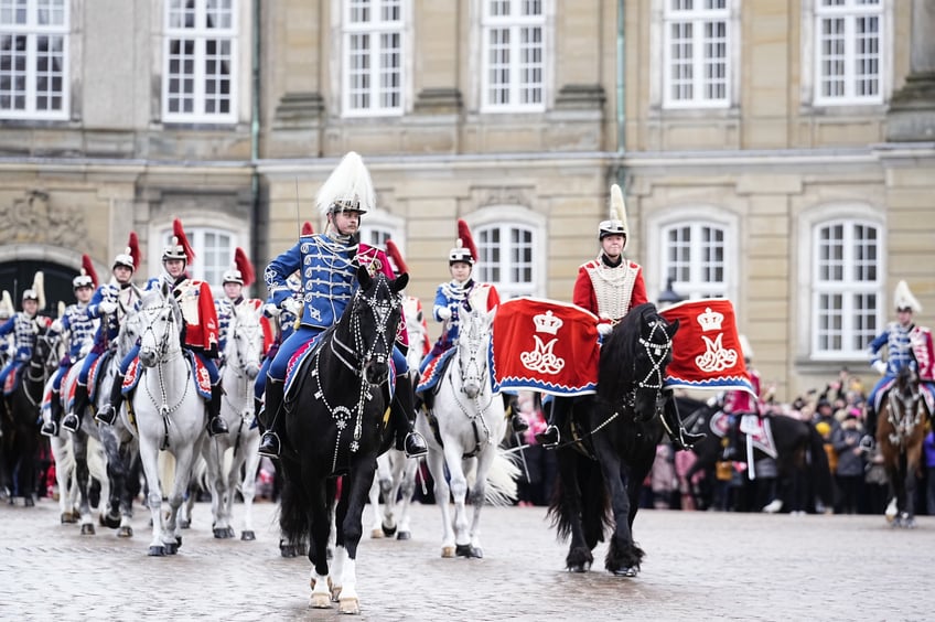 COPENHAGEN, DENMARK - JANUARY 14: The Guard Hussar Regiment arrive ahead the proclamation of HM King Frederik X and HM Queen Mary of Denmark at Amalienborg Palace Square on January 14, 2024 in Copenhagen, Denmark. Her Majesty Queen Margrethe II steps down as Queen of Denmark and and entrusts the Danish throne to His Royal Highness The Crown Prince, who becomes His Majesty King Frederik X and Head of State of Denmark. (Photo by Martin Sylvest Andersen/Getty Images)