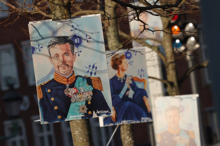 COPENHAGEN, DENMARK - JANUARY 14: Posters show Danish Crown Prince Frederik and Queen Margrethe II prior to the proclamation of the Crown Prince as new Danish King Frederik X on January 14, 2024 in Copenhagen, Denmark. King Frederik X is succeeding Queen Margrethe II, who is stepping down after reigning for 51 years. (Photo by Sean Gallup/Getty Images)