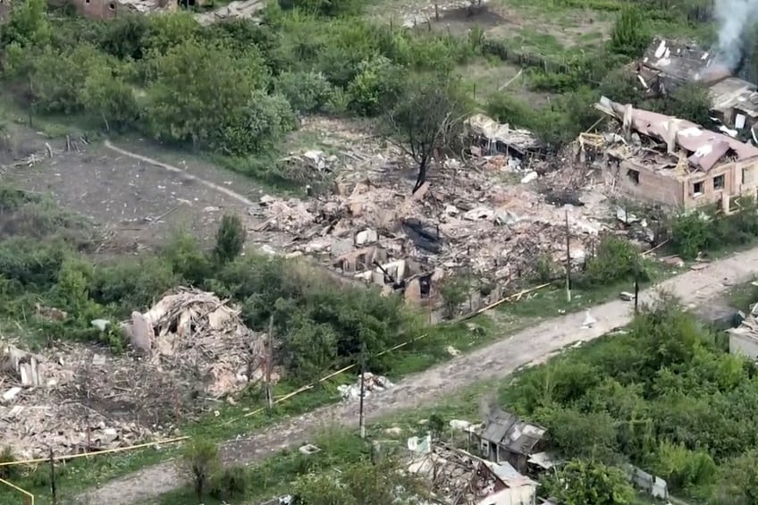 This drone footage obtained by The Associated Press shows the village of Ocheretyne, a target for Russian forces in the Donetsk region of eastern Ukraine. Ukraine’s military has acknowledged the Russians have gained a “foothold” in Ocheretyne, which had a population of about 3,000 before the war, but say fighting continues. No people could be seen in the footage, and no building in Ocheretyne appeared to have been left untouched by the fighting. (Kherson/Green via AP)