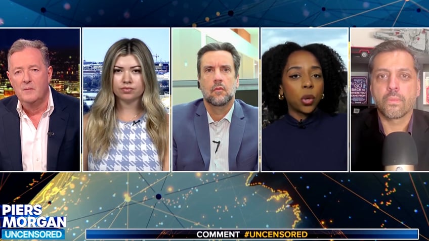 Liberal commentator Briahna Joy Gray, second from right, tells British journalist Piers Morgan, far left, that she has no empathy for slain UnitedHealthcare CEO Brian Thompson.