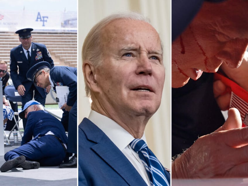 TOPSHOT - US President Joe Biden is helped up after falling during the graduation ceremony