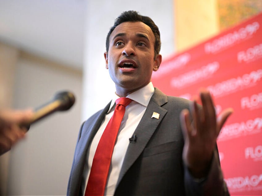 FILE - Republican presidential candidate Vivek Ramaswamy answers questions from reporters on Nov. 4, 2023, in Kissimmee, Fla. This year's lists of the most mispronounced words in the U.S. and Britain were released on Thursday, Dec. 7, by the online language learning company Babbel, and the biotech entrepreneur made the …