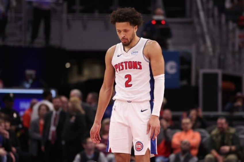 Detroit's Cade Cunningham reacts in a Pistons defeat to the Utah Jazz -- part of a losing streak that reached a single-season record-equalling 26 with the Pistons' loss to the Brooklyn Nets