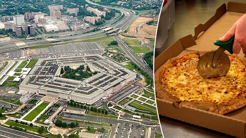 A view of the Pentagon, left, and a hand cutting slices of pizza from a box.