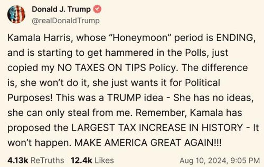 plagiarizing trump copy cat kamala promises no tax on tips