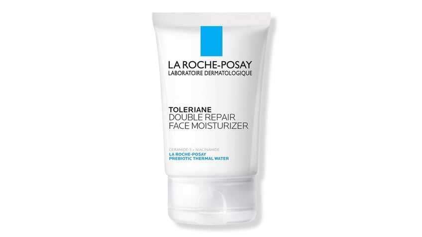 A bottle of moisturizer from La Roche-Posay on a white background