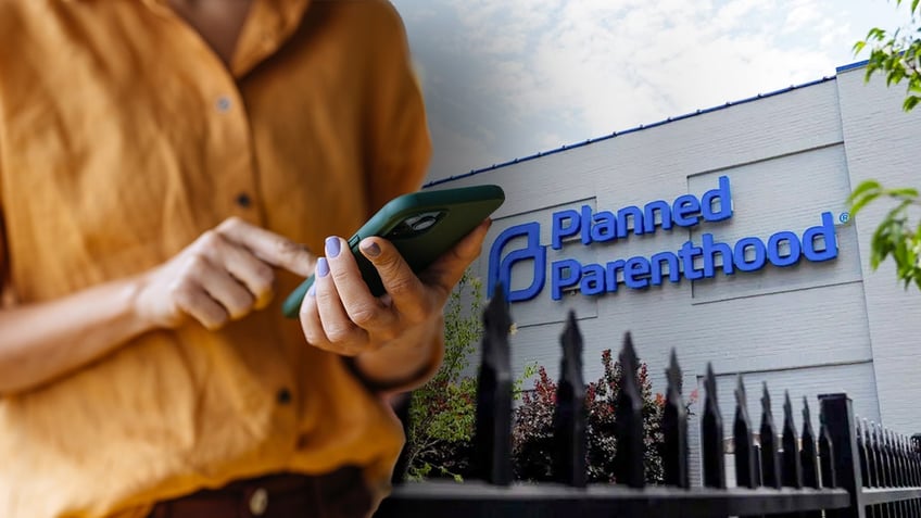 A woman with a phone and a Planned Parenthood location seen in a photo illustration