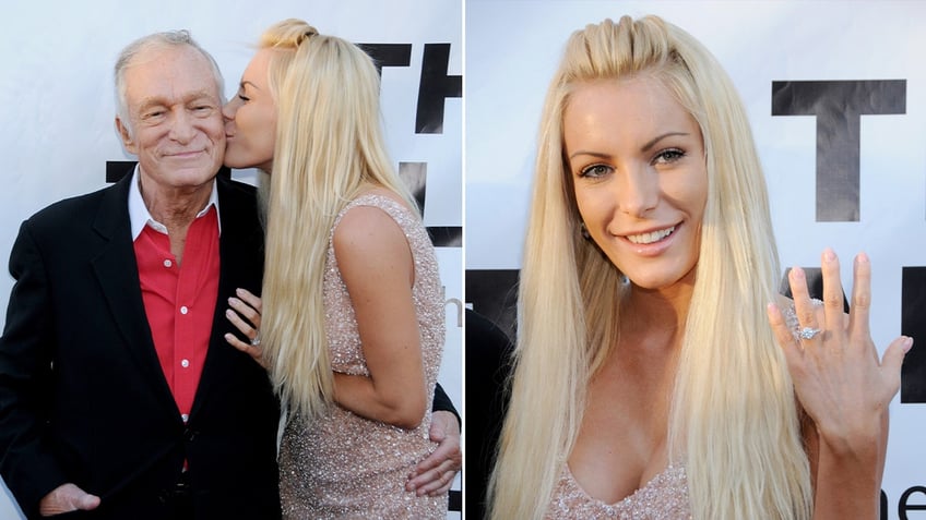 side by side Hugh Hefner and Crystal Hefner and Crystal showing engagement ring