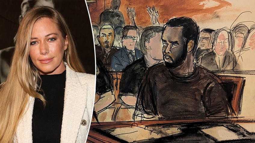 Kendra Wilkinson in a photo next to a court sketch of Diddy