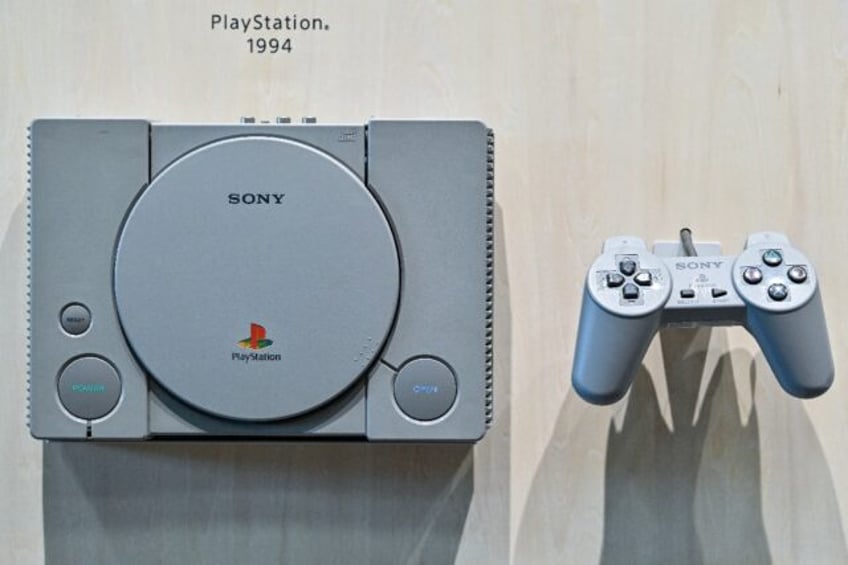 An original PlayStation on display in the lobby of the Sony headquarters building in centr