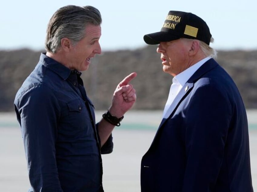 FILE - President Donald Trump and first lady Melania Trump listen to California Gov. Gavin