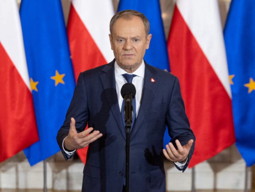 Polish Prime Minister Donald Tusk is speaking during a press conference after a government meeting in Warsaw, Poland, on January 3, 2024. (Photo by Foto Olimpik/NurPhoto via Getty Images)