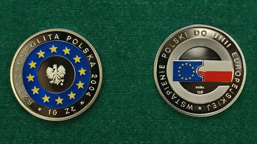 A multicolor 10 Polish Zloty coin marking Poland entering the European Union is presented by the National Bank of Poland in Warsaw