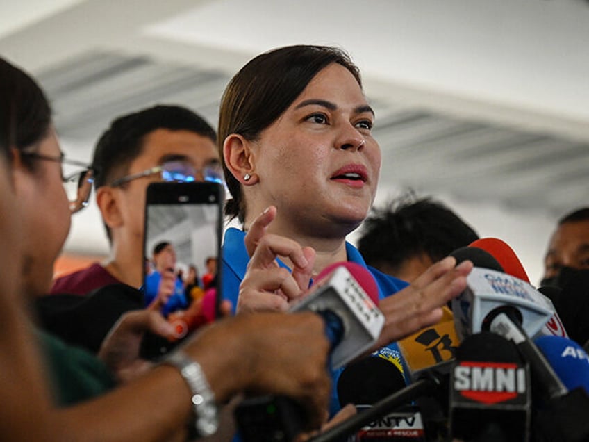 Philippine Vice President Sara Duterte holds a press conference at a hospital in Quezon Ci