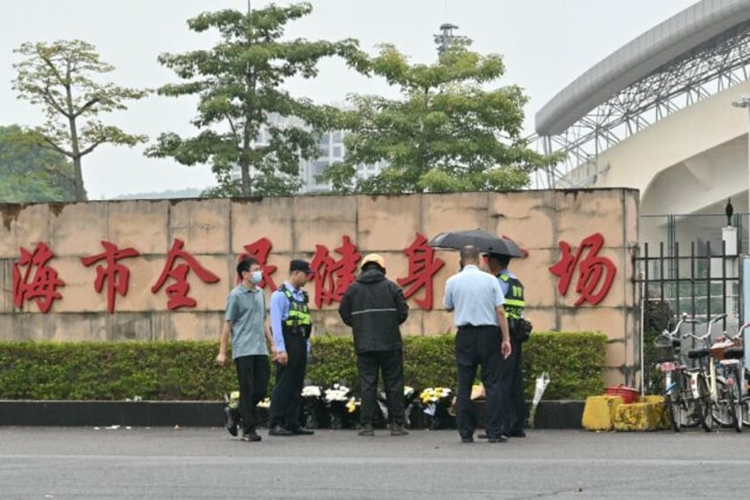 A makeshift memorial outside the Zhuhai Sports Centre in Zhuhai