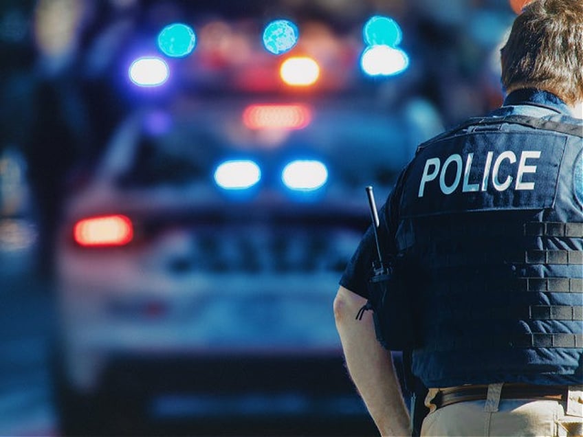 American policeman and police car in the background - stock photo