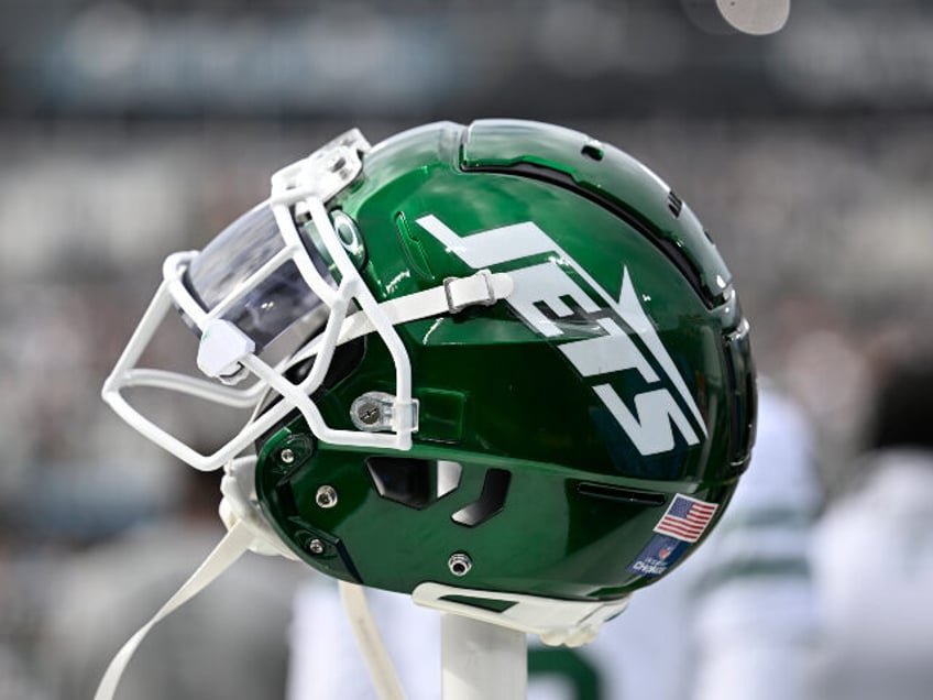 A New York Jets helmet is viewed on the sideline prior to the start of an NFL football gam