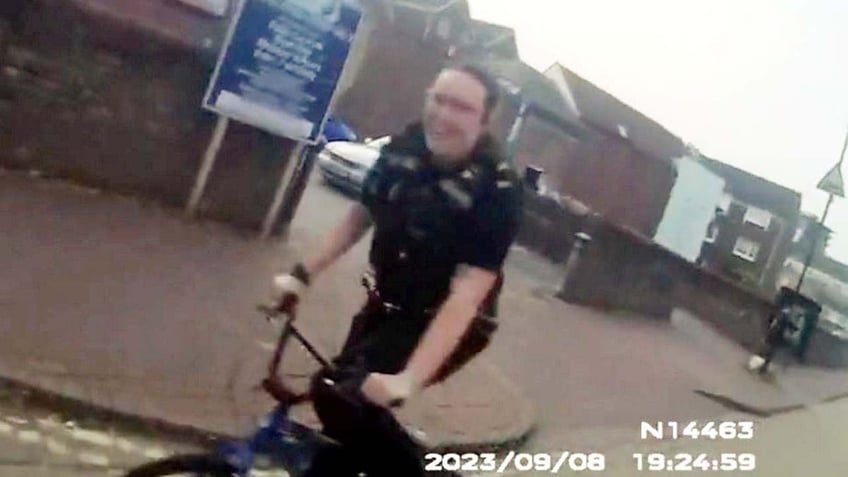 police officer borrows a boys small bicycle to chase a suspected burglar and races off after wanted man