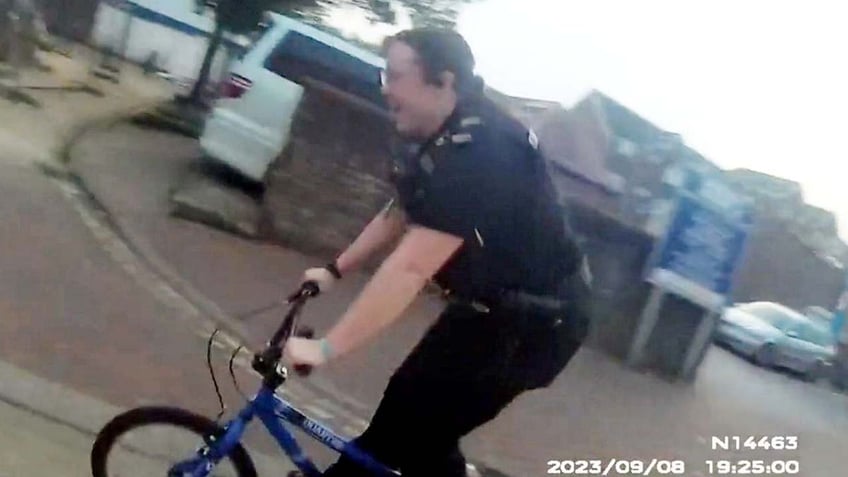 police officer borrows a boys small bicycle to chase a suspected burglar and races off after wanted man