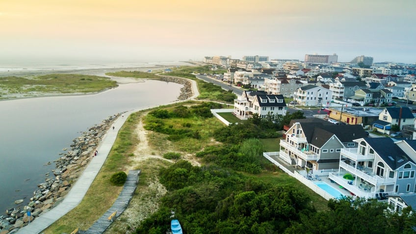 Aerial view of the sunset over North Wildwood sea wall