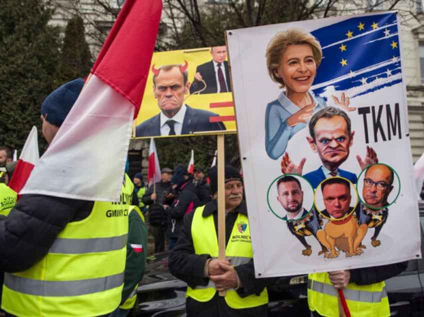 WARSAW, MASOVIAN VOIVODESHIP, POLAND - 2024/03/06: Farmers hold placards expressing their