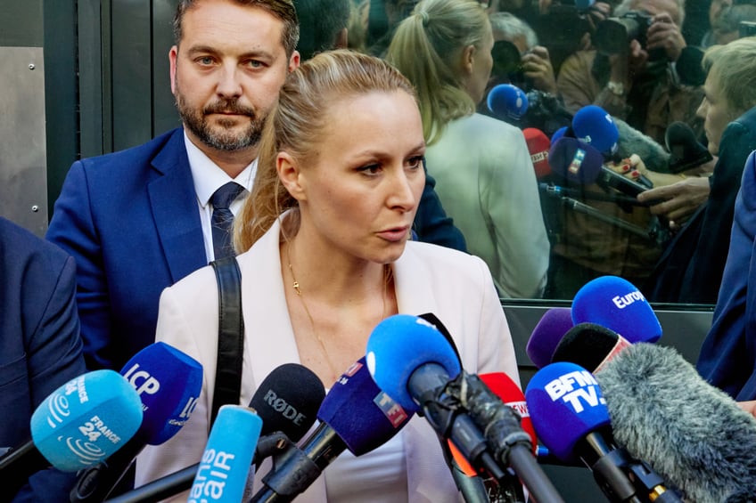 French far-right Reconquete party lead candidate Marion Marechal speaks to media representatives outside the Rassemblement National (RN) party's headquarters in Paris on June 10, 2024, after a meeting with Marine Le Pen and Jordan Bardella a day after the European Parliament elections. (Photo by Adnan Farzat/NurPhoto via Getty Images)