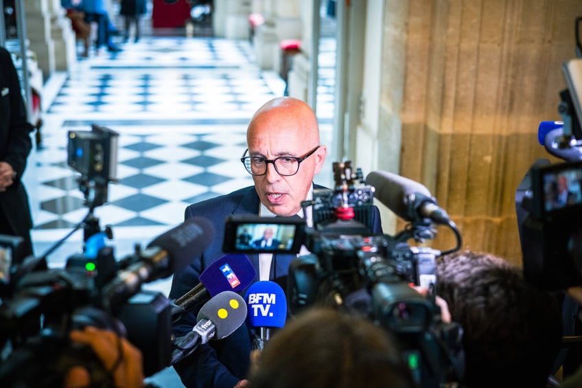 French MP Eric Ciotti (The Republicans, LR, right-wing opposition) answers questions from the pack of journalists in front of him in the 'Salle des Quatre Colonnes' after the announcement of the suspension of Sebastien Delogu (La France Insoumise, LFI NUPES) who waved a flag of Palestine during the session of questions to the French government (QAG) at the National Assembly in Paris, France on May 28, 2024. Solidarity with the Palestinian people, victims of the war between Israel and Hamas since the attack on 7 October (Gaza Strip, Rafah refugee camp). (Photo by Amaury Cornu / Hans Lucas / Hans Lucas via AFP) (Photo by AMAURY CORNU/Hans Lucas/AFP via Getty Images)