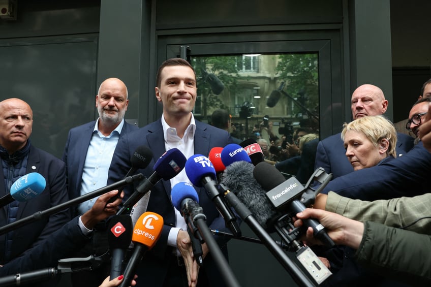 French far-right Rassemblement National (RN) party President and lead MEP Jordan Bardella (C) speaks to media representatives outside the Rassemblement National (RN) party's headquarters in Paris on June 10, 2024, a day after the European Parliament elections. (Photo by Alain JOCARD / AFP) (Photo by ALAIN JOCARD/AFP via Getty Images)