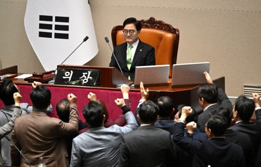 South Korea's ruling People Power Party lawmakers (bottom) argue with National Assembly Sp