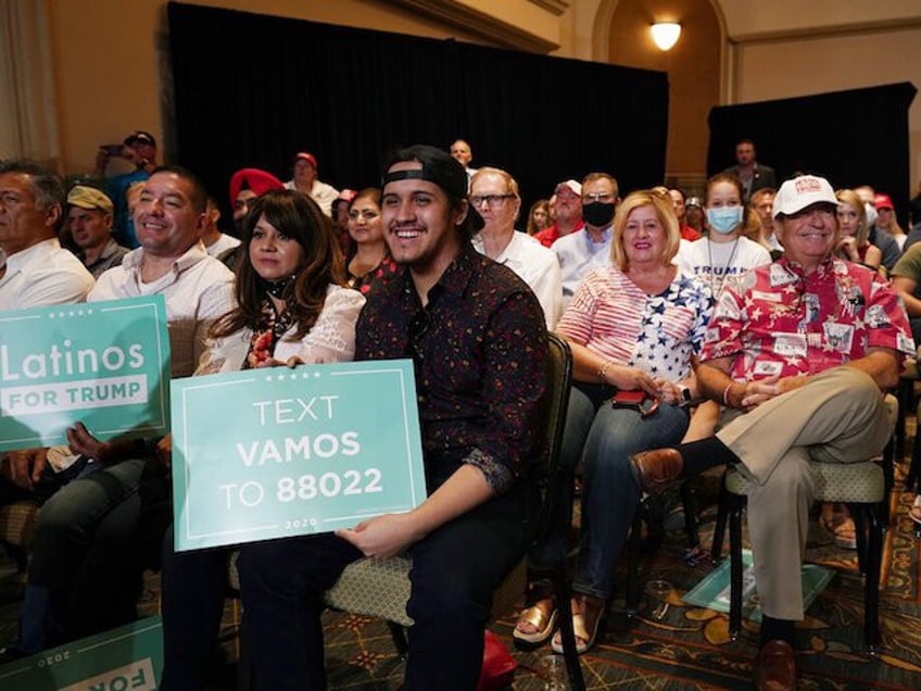 The crowd listens to President Donald Trump speak as he participates in a Latinos for Trump Coalition roundtable Monday, Sept. 14, 2020, in Phoenix. (AP Photo/Ross D. Franklin)