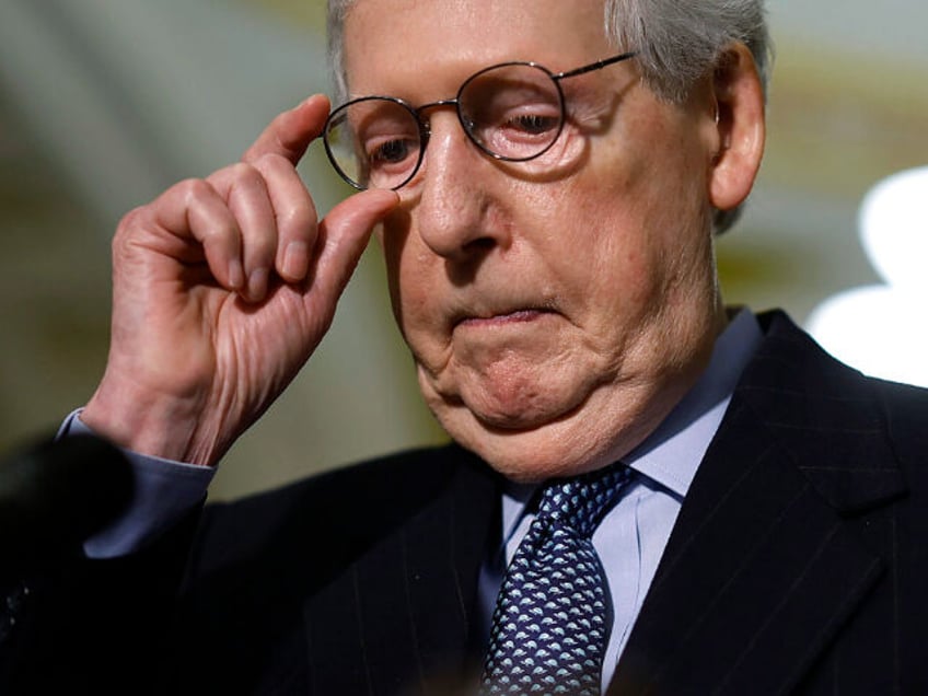 Senate Minority Leader Mitch McConnell (R-KY) talks to reporters following the weekly Senate Republican policy luncheon in the U.S. Capitol on February 14, 2023 in Washington, DC. Republicans were critical of President Joe Biden's response to the U.S. Military's downing of four unidentified objects that entered North American airspace in …