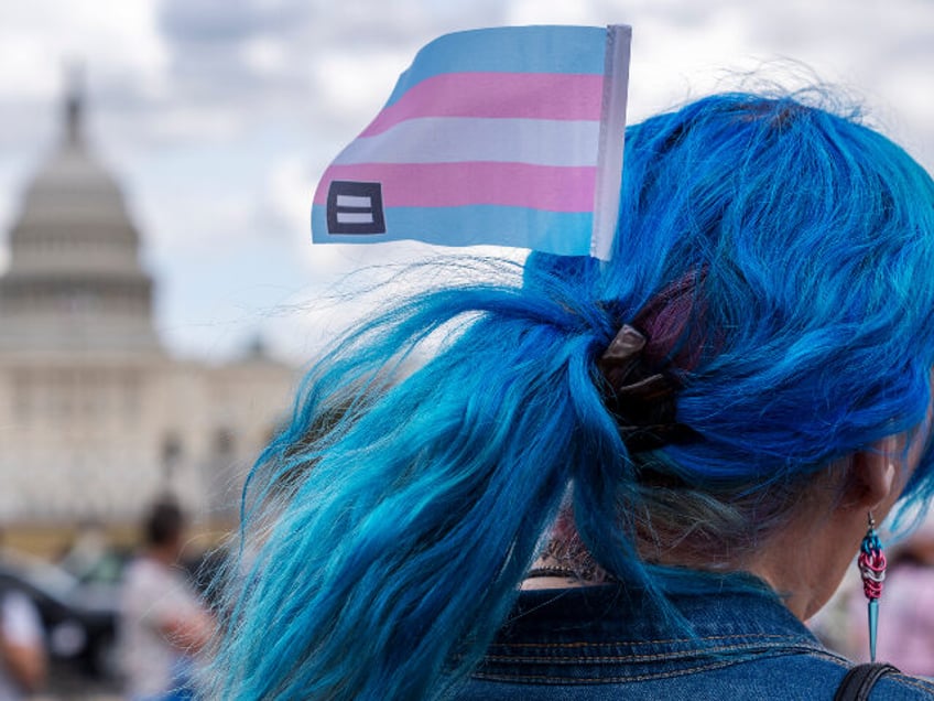 With the Capitol in the background, Kali wears a trans equality flag in her hair while att