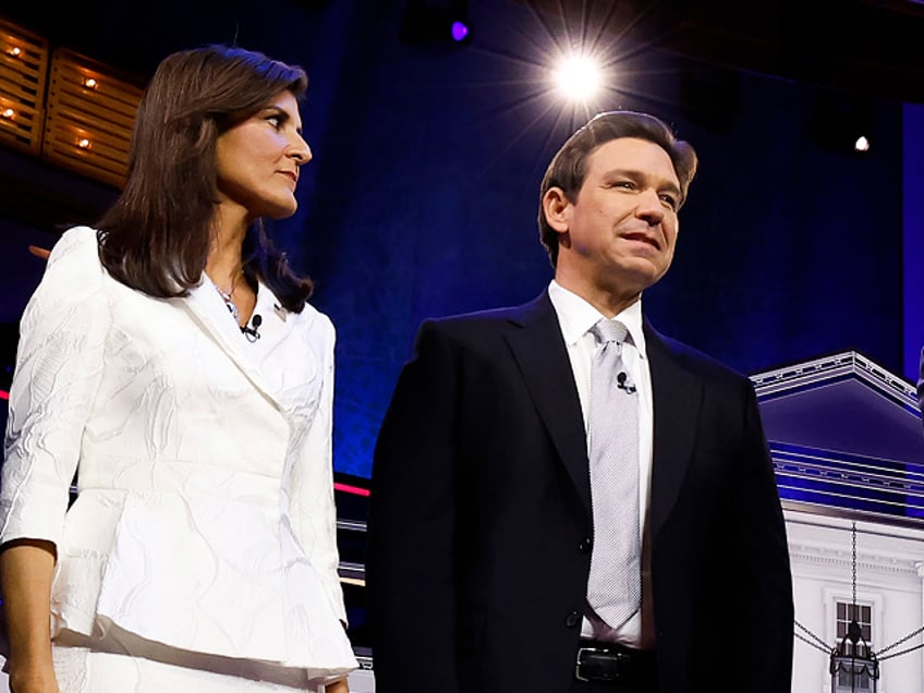 MIAMI, FLORIDA - NOVEMBER 08: Republican presidential candidates (L-R), former U.N. Ambassador Nikki Haley, Florida Gov. Ron DeSantis and Vivek Ramaswamy are introduced during the NBC News Republican Presidential Primary Debate at the Adrienne Arsht Center for the Performing Arts of Miami-Dade County on November 8, 2023 in Miami, Florida. Five presidential hopefuls squared off in the third Republican primary debate as former U.S. President Donald Trump, currently facing indictments in four locations, declined again to participate. (Photo by Anna Moneymaker/Getty Images)