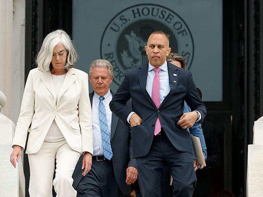 House Minority Leader Rep. Hakeem Jeffries (D-NY) walks with House Minority Whip Rep. Kath