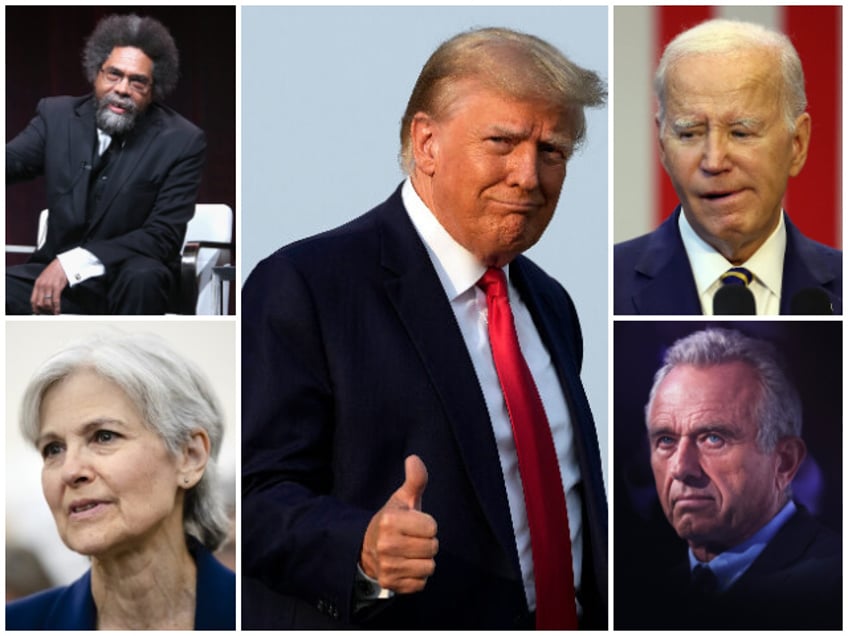 A collage of former President Donald Trump surrounded by Democrat, independent, and Green Party 2024 candidates, as well as President Joe Biden.
