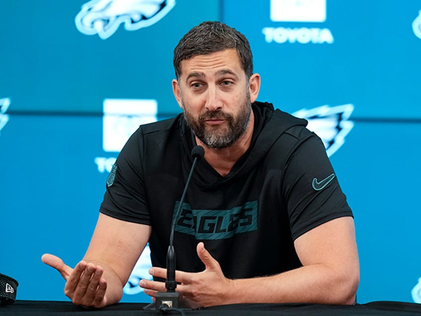 Philadelphia Eagles head coach Nick Sirianni gives a press conference ahead of a game against the Green Bay Packers at the Neo Quimica Arena in Sao Paulo, Brazil, Thursday, Sept. 5, 2024. (AP Photo/Andre Penner)