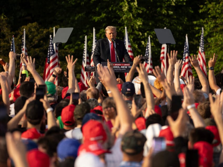 Republican presidential candidate former President Donald Trump speaks during a campaign r