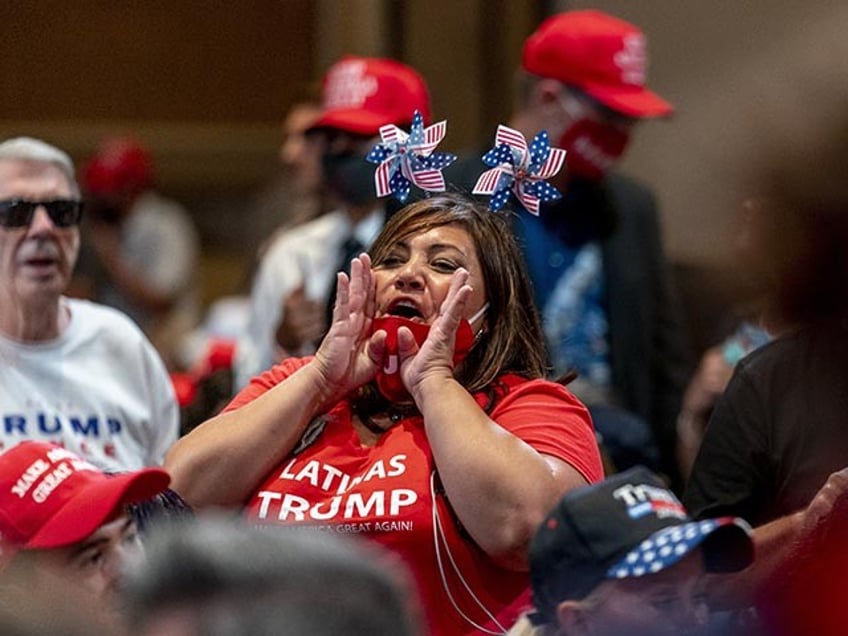 Supporters react to music before President Donald Trump arrives at a Latinos for Trump Coalition roundtable at Arizona Grand Resort & Spa, Monday, Sept. 14, 2020, in Phoenix. (AP Photo/Andrew Harnik)