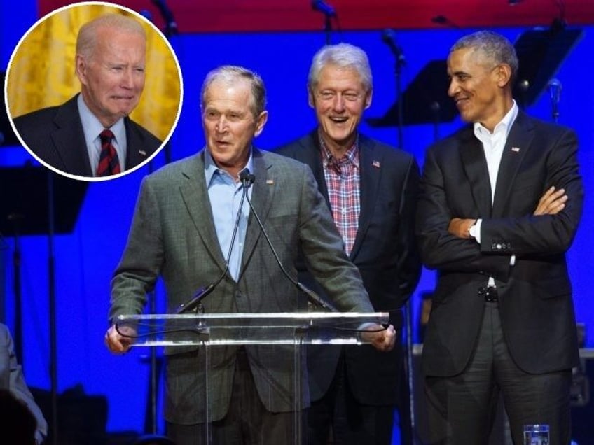 Former presidents George Bush, Bill Clinton, and Barack Obama (JIM CHAPIN/AFP via Getty Images) // Inset: President Joe Biden (Drew Angerer/Getty Images)