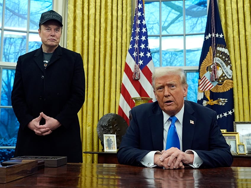 President Donald Trump speaks as he is joined by Elon Musk, and his son X Æ A-Xii, in the