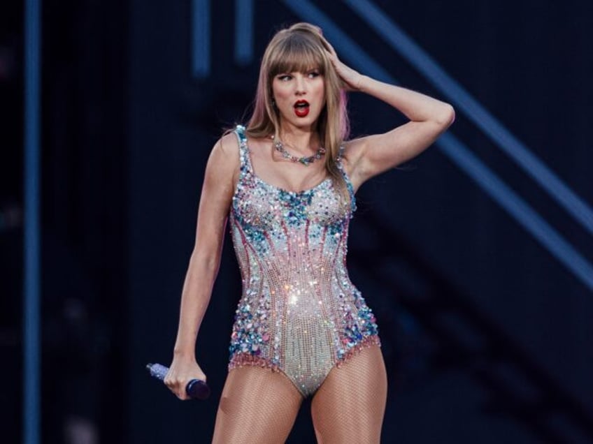 American singer and songwriter Taylor Swift performs on stage as part of her Eras Tour in