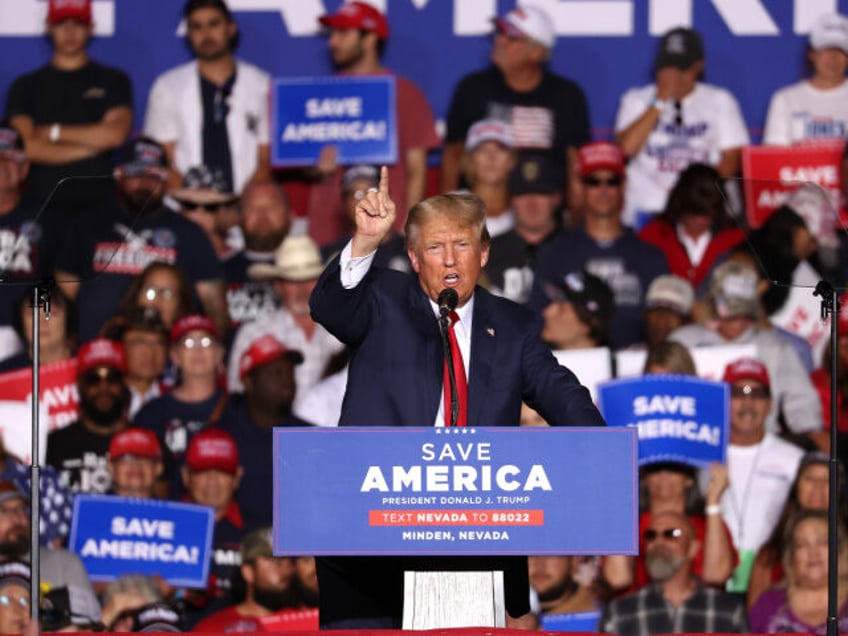 Former U.S. President Donald Trump speaks during a campaign rally at Minden-Tahoe Airport