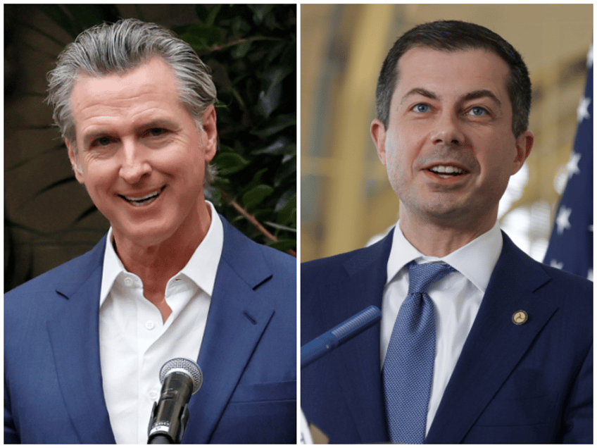 From left to right: California Gov. Gavin Newsom and former Transportation Secretary Pete